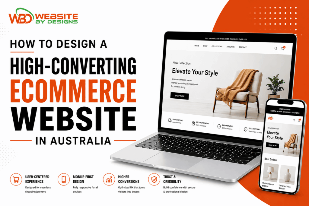 High-converting ecommerce website design displayed on a laptop and mobile phone, highlighting user-centred UX, mobile-first design and higher conversions in Australia.