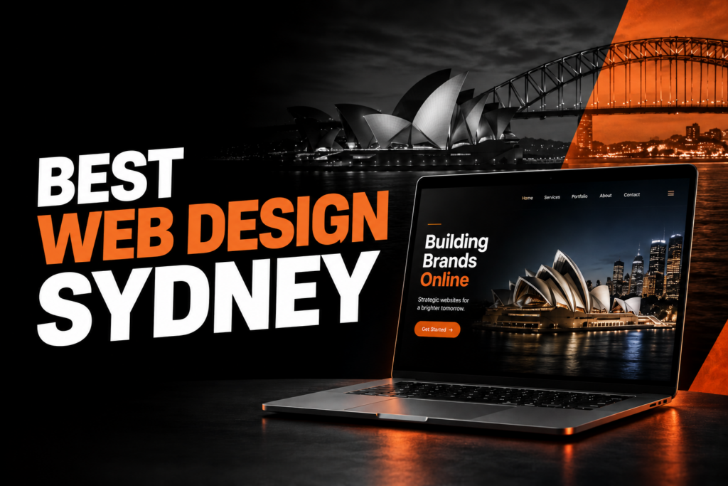 Best web design Sydney services displayed on a laptop with Sydney Opera House and Harbour Bridge in the background.