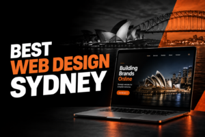 Best web design Sydney services displayed on a laptop with Sydney Opera House and Harbour Bridge in the background.